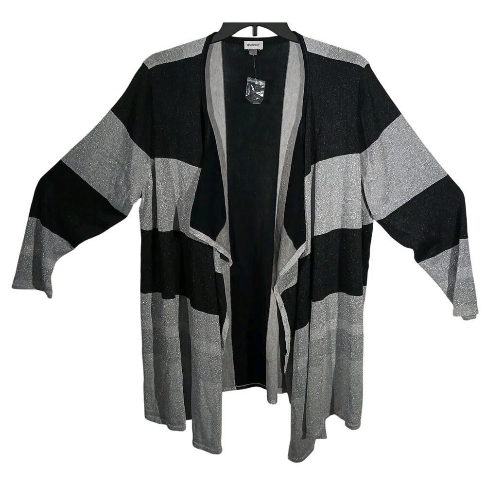 Avenue Open Front Sweater 26/28 Women's 3/4 Sleeve Silver & Black Rayon EUC